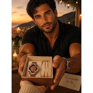 Copper Tone Rhinestone Flower Watch & Bangle Set Glam Statement